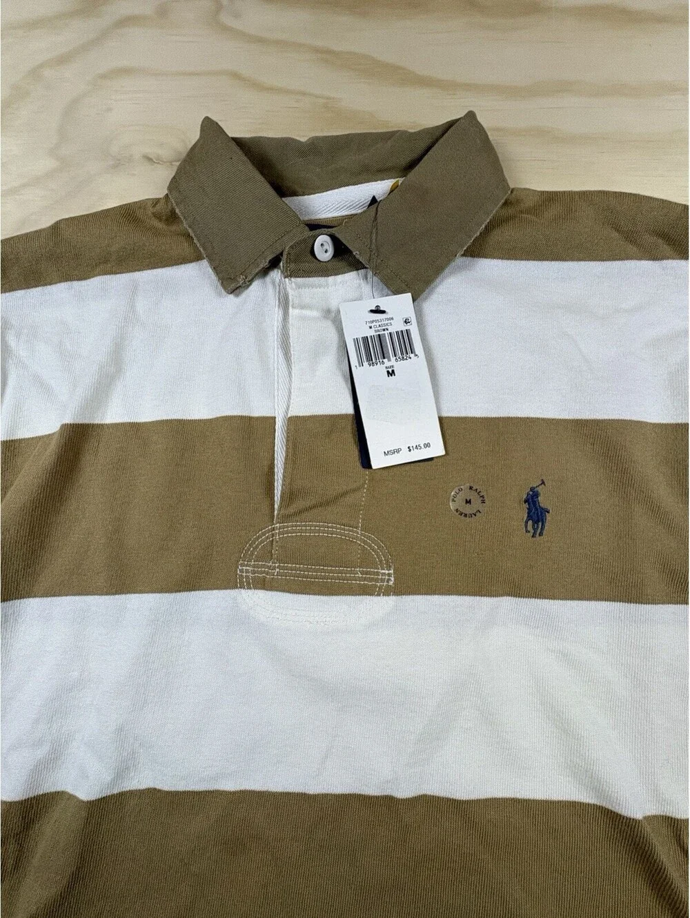 NWT Polo Ralph Lauren Rugby Shirt Men’s Medium Tan White Stripe Classic Fit